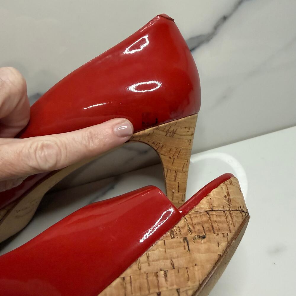 Via Spiga Women's Red Patent Leather Cork Platform Peeptoe Heels Sz 9.5 FLAW - Picture 6 of 8